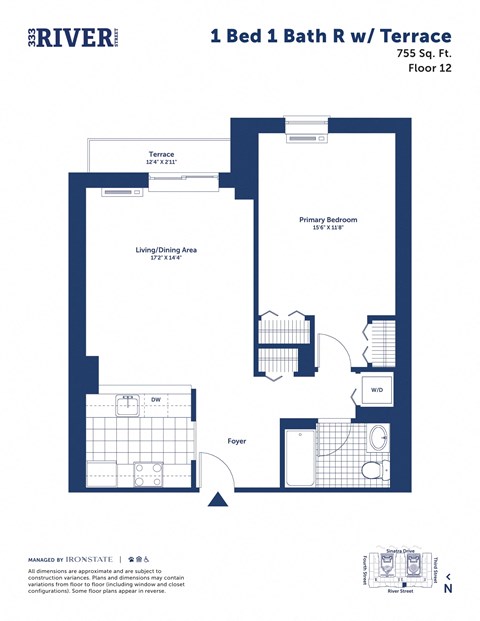 Floor plan for 1 bed, 1 bath, 755 sqft